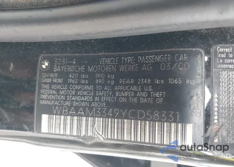 2000 BMW 323I из США, поврежденный, VIN WBAAM3349YCD58331